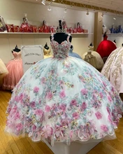 

3D Floral Flowrs Quinceanera Ball Gown Dress Long Colorful Puffy Skirt Sweet 16 Party Gowns Prom Wear
