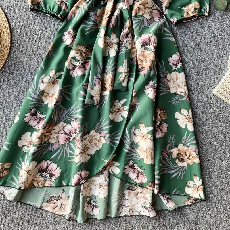 2020 Vintage Slim V Neck spring Autumn Floral Print Midi Long Irregular Bandage Dress Women 3/4 Sleeve High Waist elegant dress