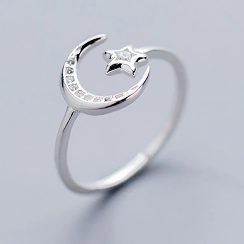 1Pcs 925 Sterling Silver Minimalist Zircon Moon Star Opening Ring For Charming Women Party Fine Jewelry Cute Gift