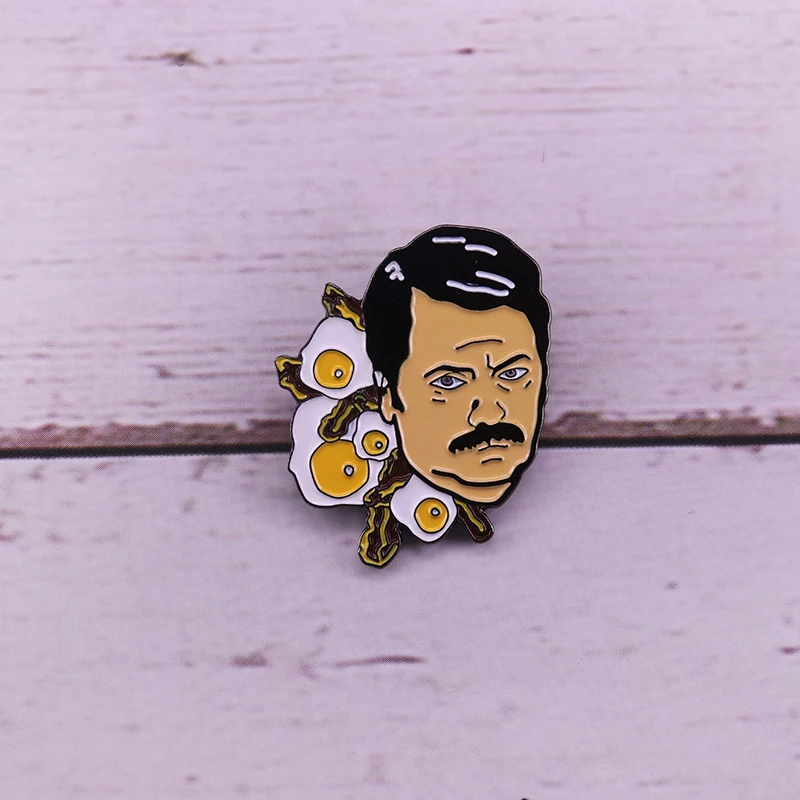 

Ron Swanson bacon eggs lapel pin Parks and Recreation brooch