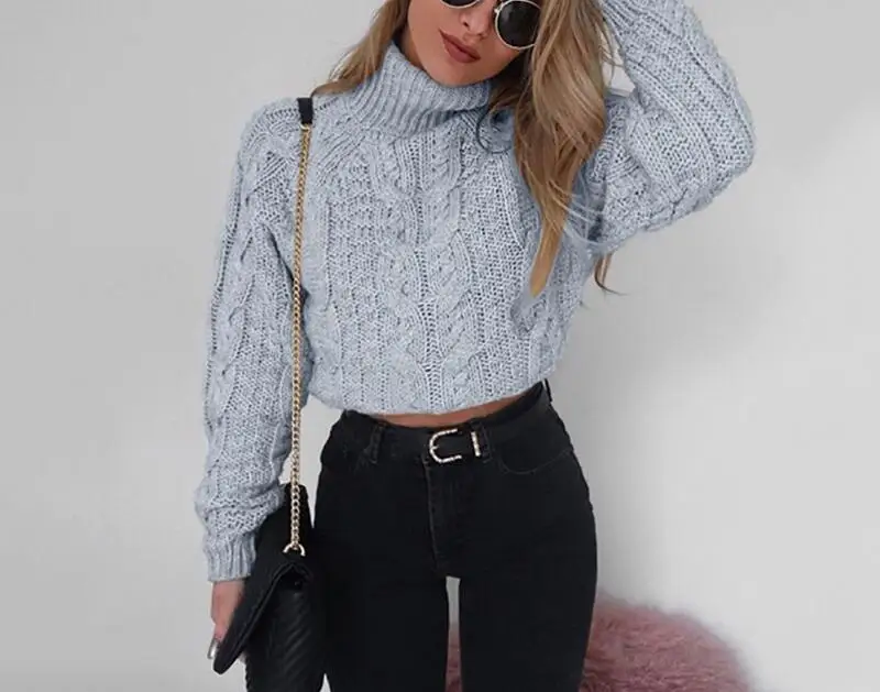 Elegant Turleneck Twist Sweater Women Knitted Long Sleeve Cropped Autumn Winter Short Pullover Solid Color Jumper | Женская одежда
