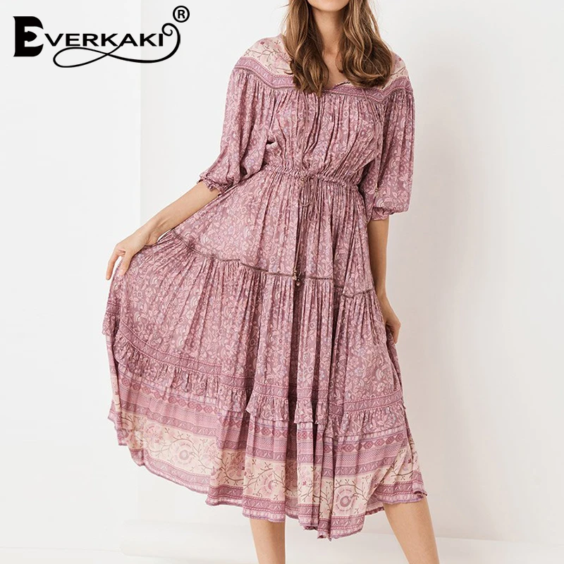 Everkaki Boho Платье макси с принтом женские кисточки шеи кимоно завязками свободные