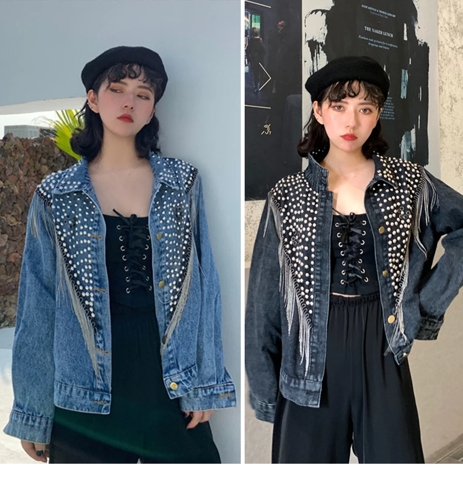 Осенняя джинсовая куртка для женщин, уличная одежда Harajuku, зимняя куртка с заклепками, однобортная куртка с кисточками и цепочкой, пальто и куртки для женщин