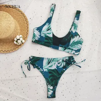 

SGCHUA 2020 New Sexy New Print Green Leaves Sexy Thong Bikini Set Brazilian Beach Micro Biquini Mini Swimwear Women May Swimsuit