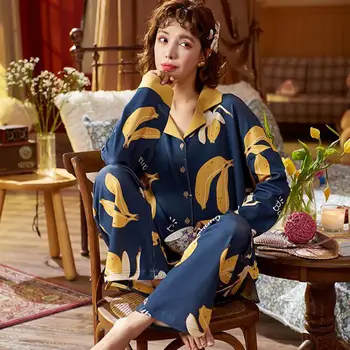 

Autumn Winter New Women's Pajamas Sexy Sweet Cute Fruit Print Warm Pijama Female Cardigan Loose Top Pants Two Piece Home Clothes