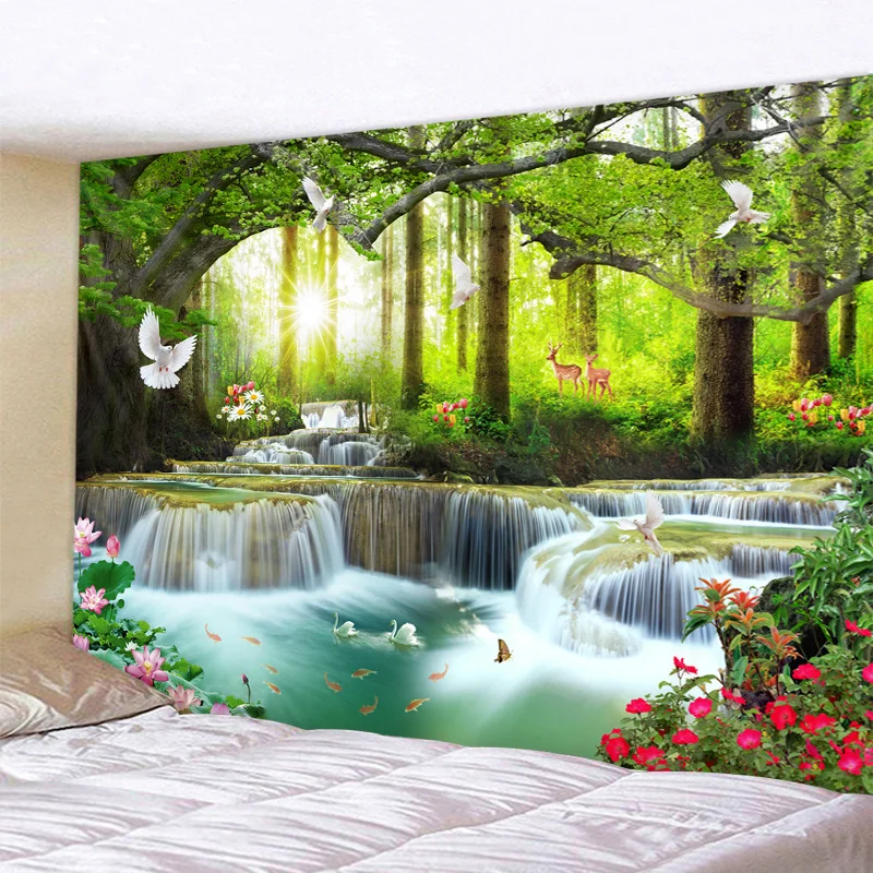 Beautiful natural forest waterfall printed large wall tapestry sea view hippie wall tapestry bohemian mandala tapestry decor