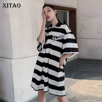 

XITAO Europe Style Causal Hollow Out Striped Loose Asymmetry 2020 Summer New Fashion The Streets Long T Shirt Women DMY4415
