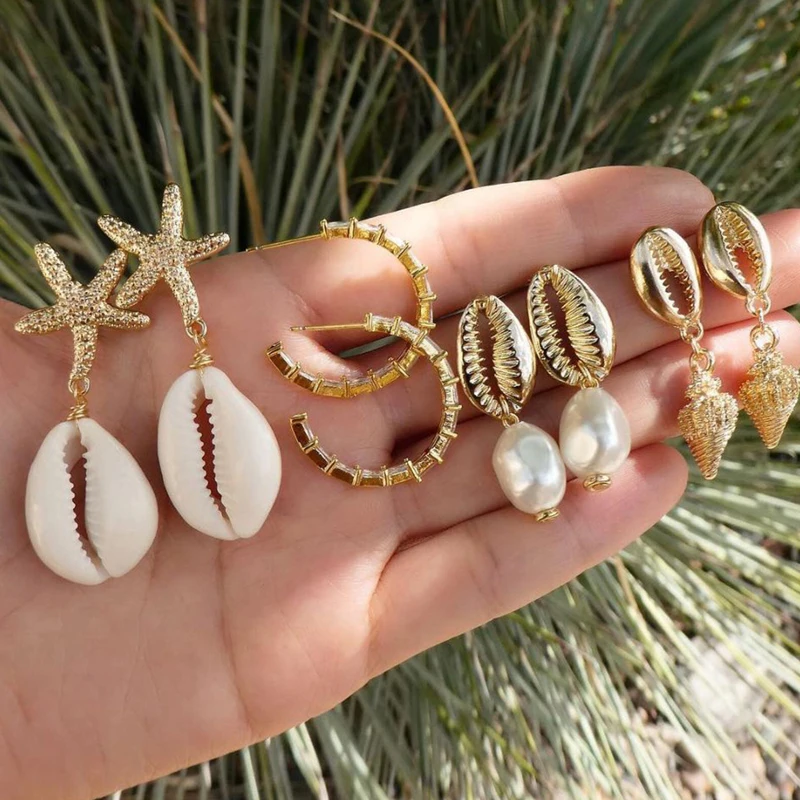

Tocona 4pair/1set Boho Gold Beach Shell Starfish Conch Pearl Drop Dangle Earrings for Women Beach Piercing Earring Gift F02101