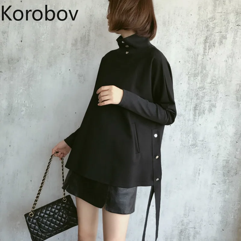 Korobov, большие размеры, винтажные черные женские толстовки, Корейская уличная одежда, пальто с рукавом "летучая мышь", Harajuku, свитера с высоким воротником и пуговицами, 79451