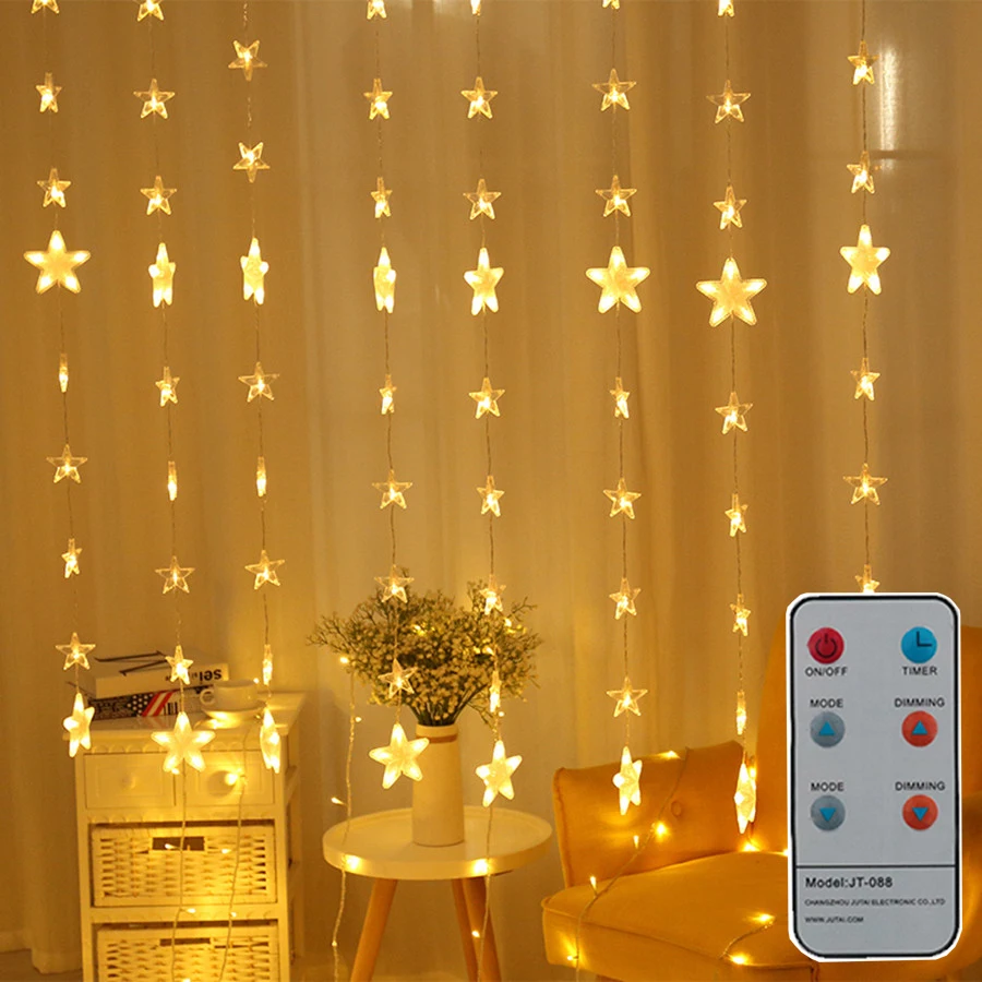 Thrisdar 144 LED 80 Romantic Starry Star Curtain Light With Remote Christmas Window icicle light Wedding Party Star Fairy Light