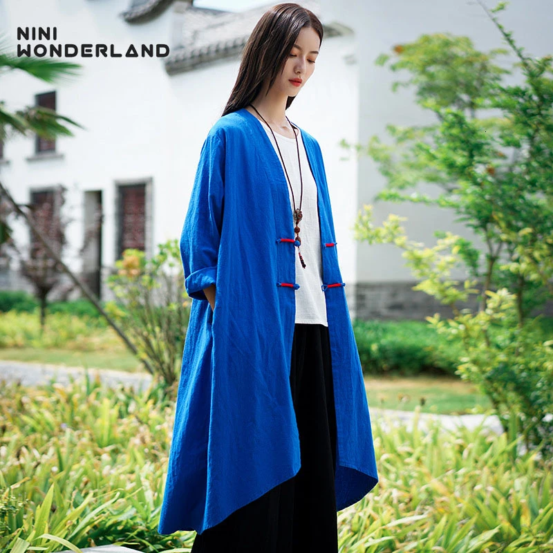 

NINI WONDERLAND 2019 Autumn Cotton Linen Trench Coat Large Size Women Solid Loose Coat Female V Neck Casual Outerwear Cardigan
