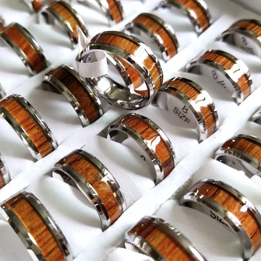 36 stücke Mens Fashion Ring Edelstahl Hochzeit Bands Ring Mit Holz Inlay Komfort-fit Männlichen Weiblichen Schmuck 8mm Breite Größen 7-11