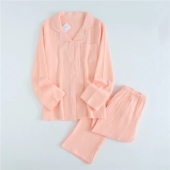 

Cotton Crepe Pajamas for Women and Men Couple Sleepwear Set Spring/Autumn/Summer Thin Home Clothes