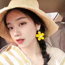 Корейский стиль лето желтый цветок клип на серьги без прокола уши отверстие Богемия деревянные клипсы, серьги с цветами без пирсинга