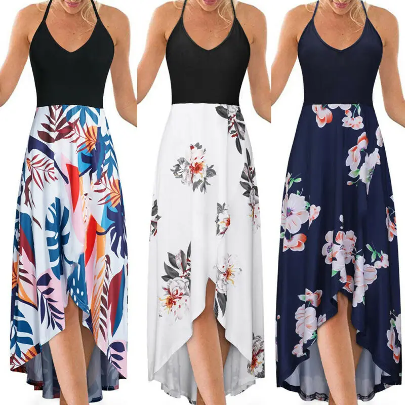 

Black Floral Print Patchwork Backless High Low Hem Slip Summer Long Dress Women Boho Elegant Sling Cami Pleated Dresses Vestidos