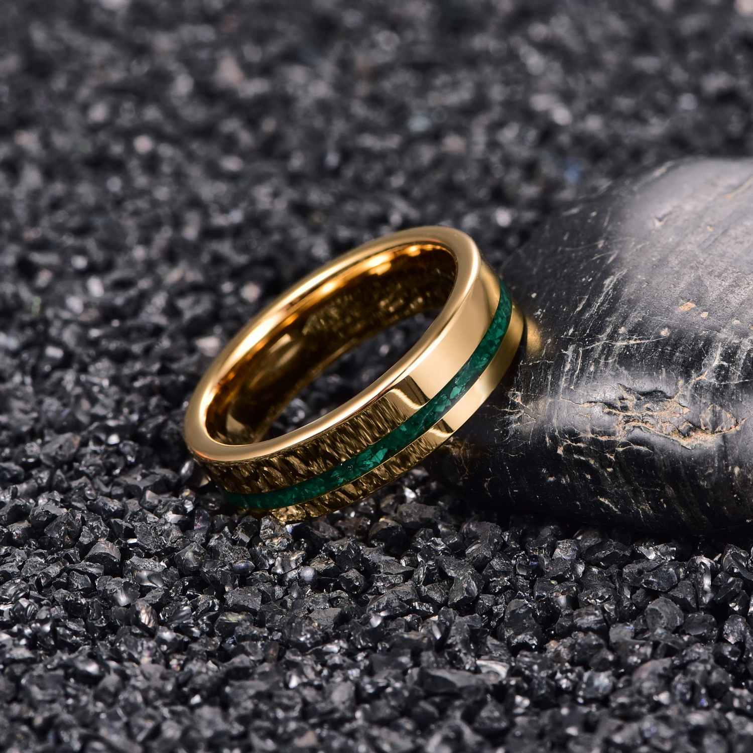 6mm Gold Color Polished Inlaid Malachite Tungsten Steel Ring For Men Groove Carbon Engagement Rings 4