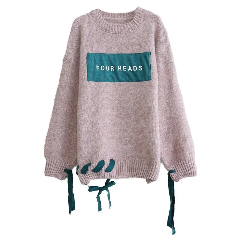 Женский вязаный пуловер, куртка, осенне-зимний свободный свитер на шнуровке, Женский вязаный свитер, базовый свитер, топы