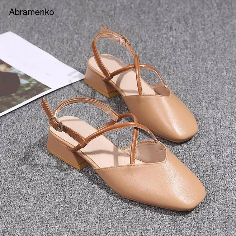 Women Sandals Summer Round Toe Women's Low Block 3.5 cm Heel Shoes Gladiator Beige Ankle Strappy Size 35-39 | Обувь