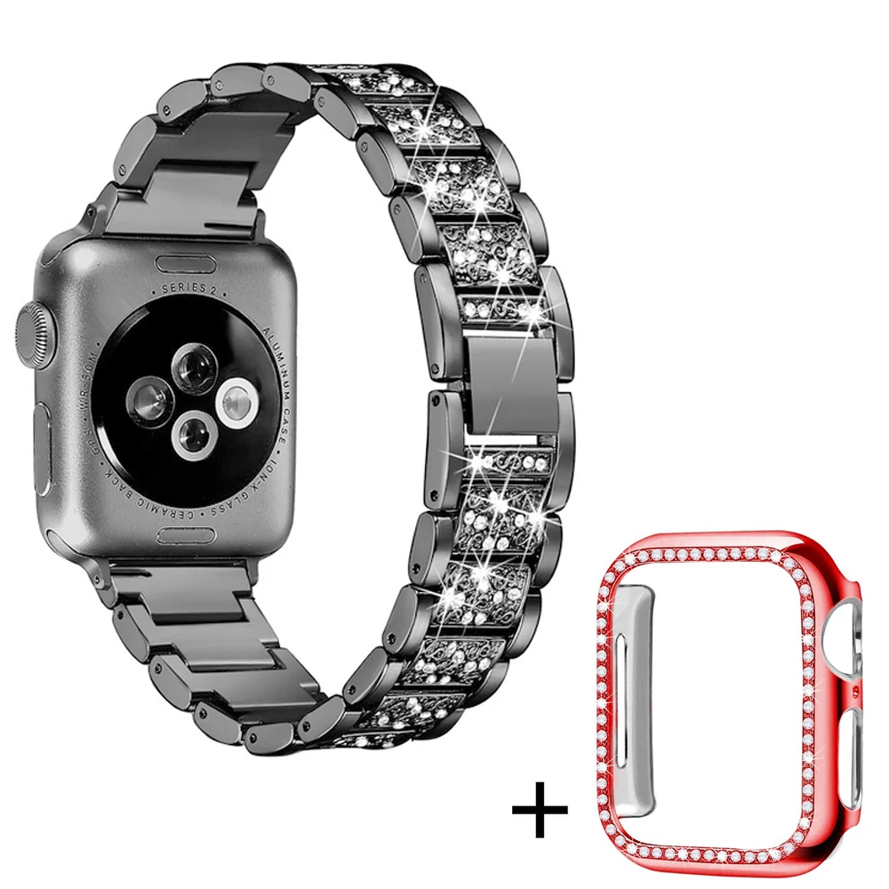 Black-red case Ремешок со стразами+ чехол для Apple Watch 38 мм 42 мм металлические стразы сменный Браслет для женщин iWatch 40 мм 44 мм серия 5 4 - Цвет ремешка: Black-red case