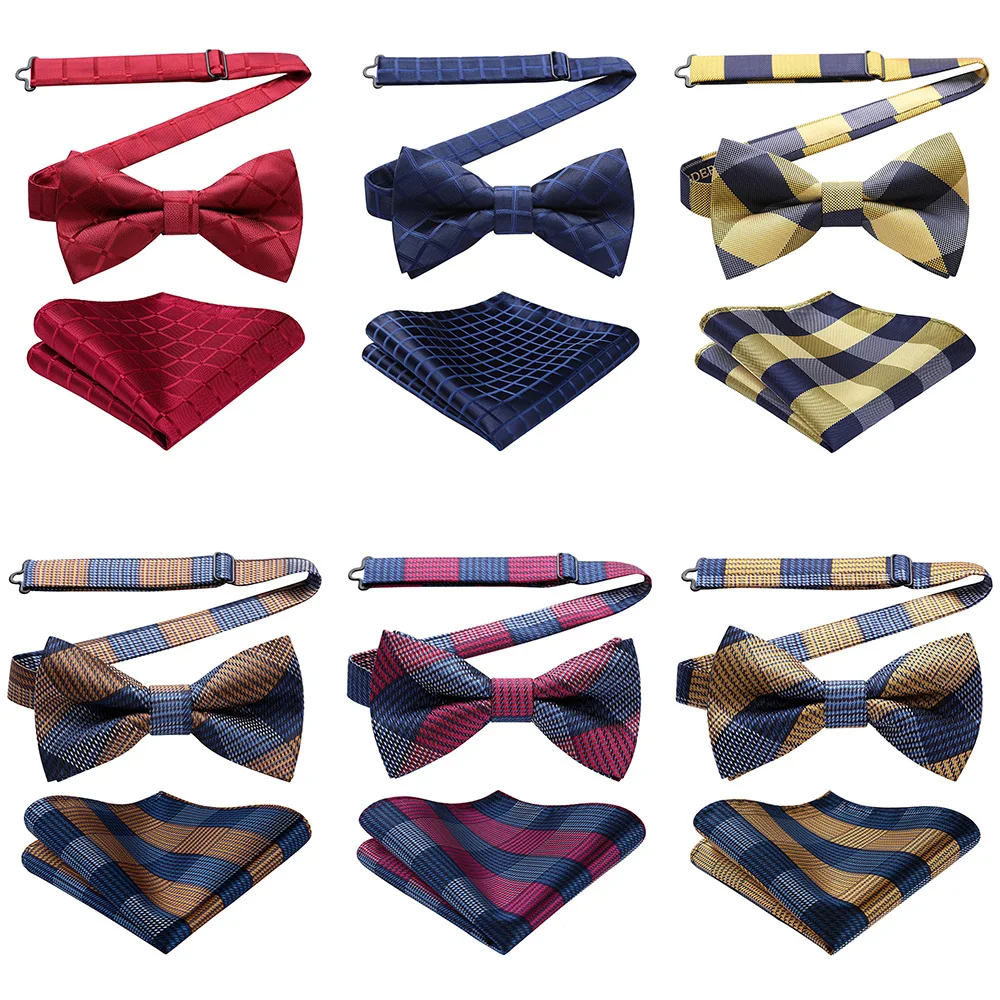 Mens Grey White Gingham Self Tied Bowtie Pocket Square Set Wedding Bow Tie Hanky