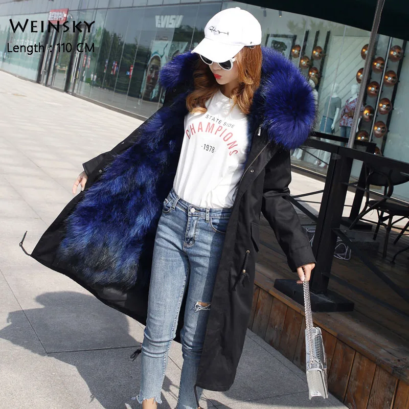 Пальто из искусственного меха женская модная парка новое зимнее плотное длинное пальто с воротником - Цвет: Blue (110 CM)