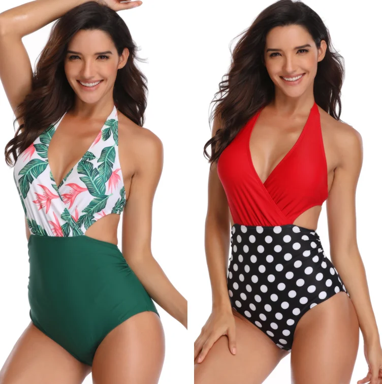 

Dot One piece swimsuit Leaves Print bathing suit Solid bikini 2019 mujer Halter beachwear Cross bikinis Plus size swimwear S-3XL