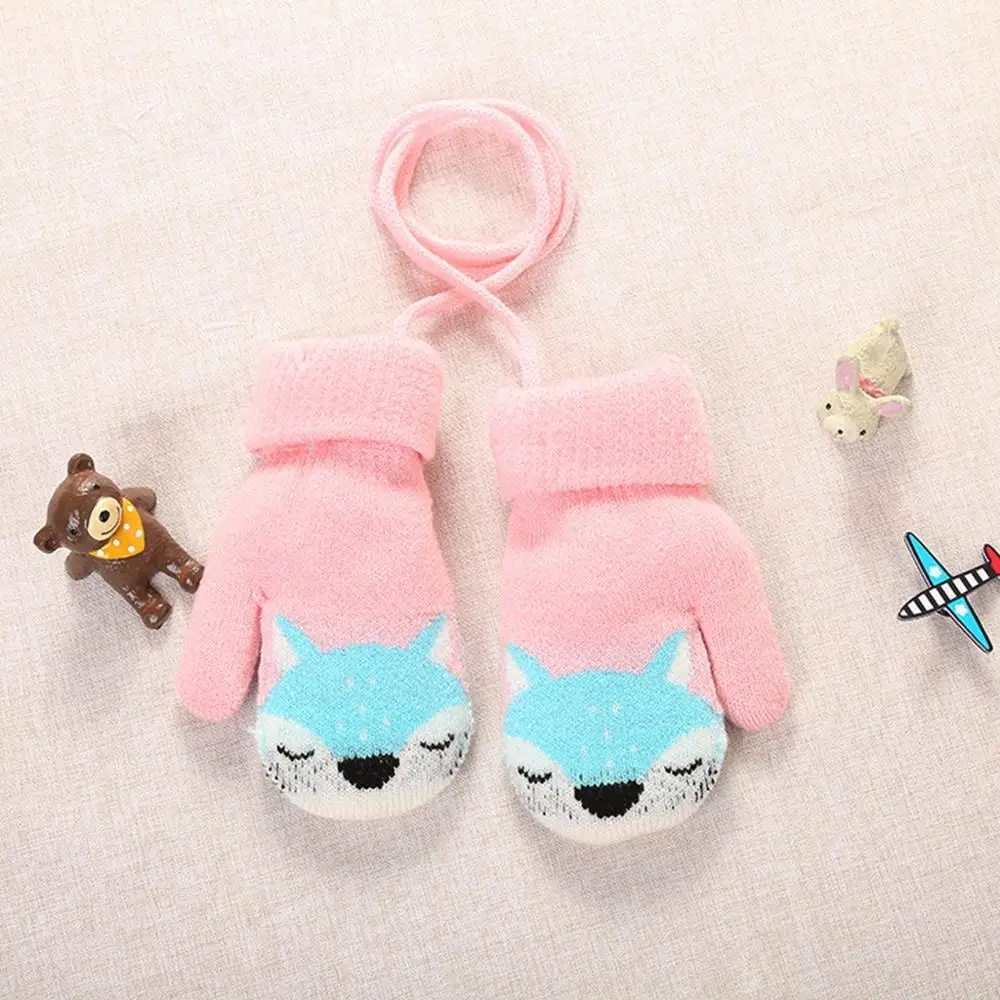 Модные теплые перчатки, детские варежки, зимние вязаные варежки на веревке, перчатки с принтом - Цвет: pink2