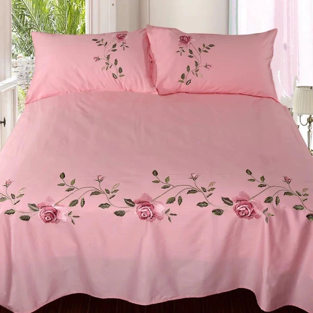 Flora Embroidery Design Flat Bed Sheet 