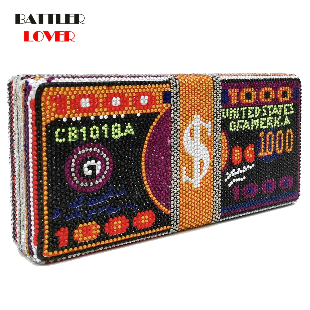 New Crystal Money USD Bags Diamond Evening Bags Party Purse Clutch Bags Dollar Design Luxury Shoulder Bags Women Floral Single