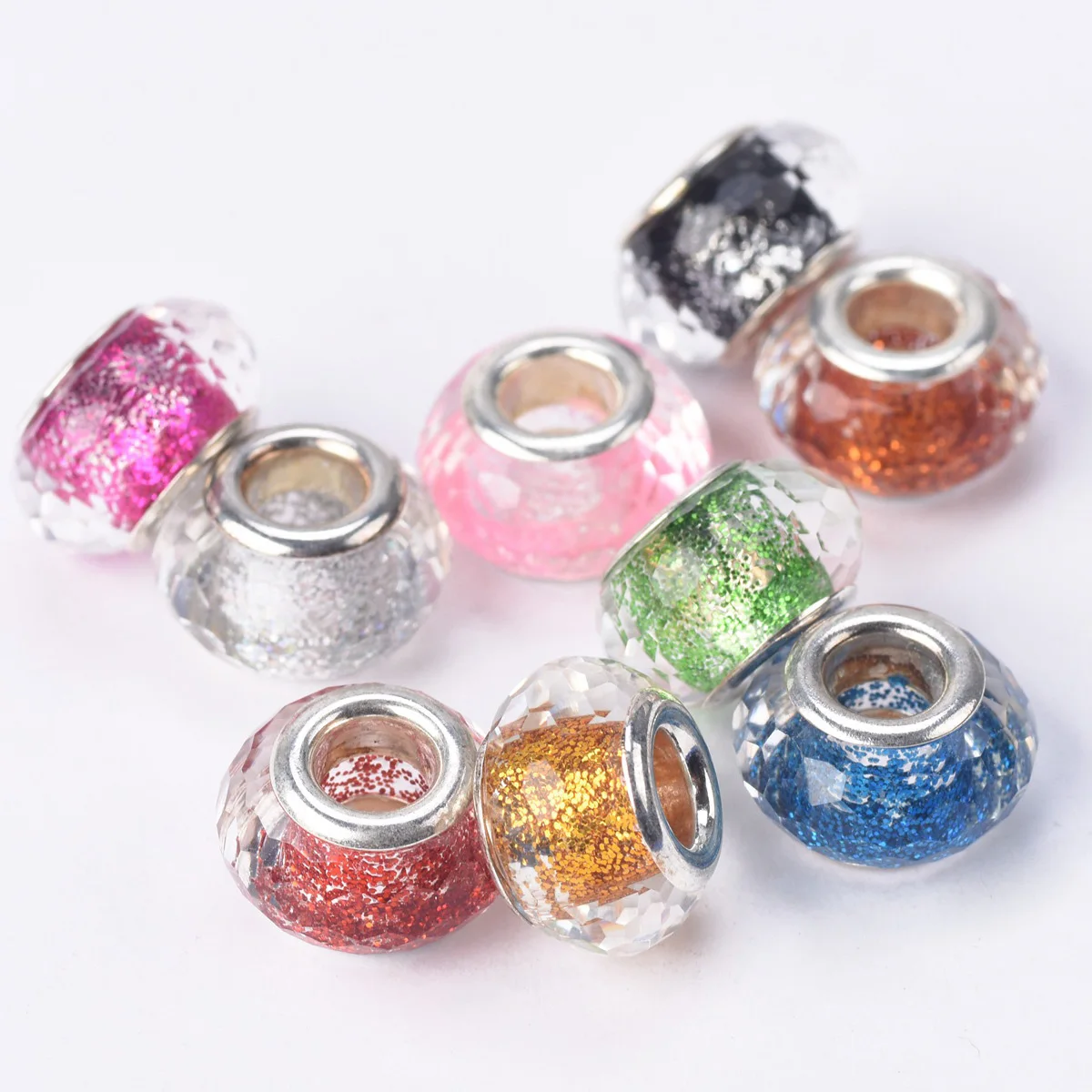 10pcs 13.5x8.5mm Round Faceted Glittery European Charms Crystal Glass & Metal Rings Big Hole Beads for Bracelet Jewelry Making kit 12 heat resistant glass kit for wp 17 18 26 tig heat glass cup 3 2mm 1 8 o rings 9pcs 10n25s stubby collet