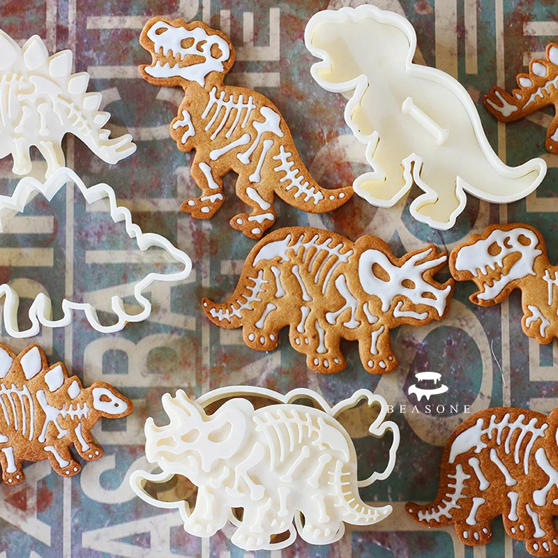 3Pcs Dinosaur Cookie Cutters Mold 3D Fondant Biscuit Embossing Mould DIY Baking Tools Kids Jungle Birthday Party Cake Decoration