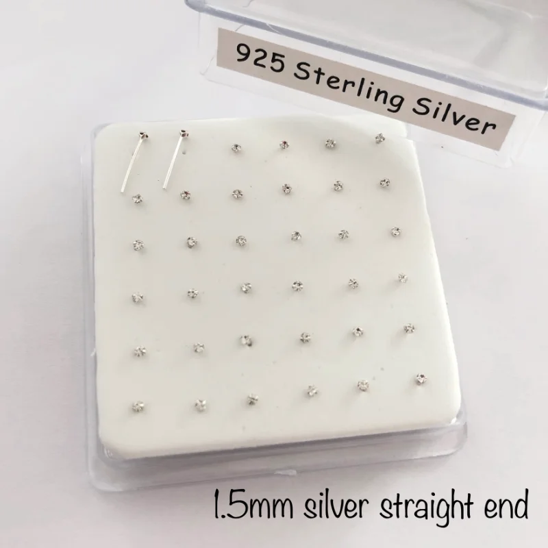 1.5mm clear crystal 925 sterling silver nose stud straight fashion women pircing delicate nose piercing jewelry 36pcs/pack