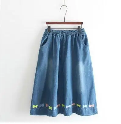 light blue bow Летние джинсовые синие джинсовые юбки женские с эластичной талией повседневные с вышивкой кошки трапециевидной формы до середины икры уличная одежда шикарные корейские джинсы - Цвет: light blue bow