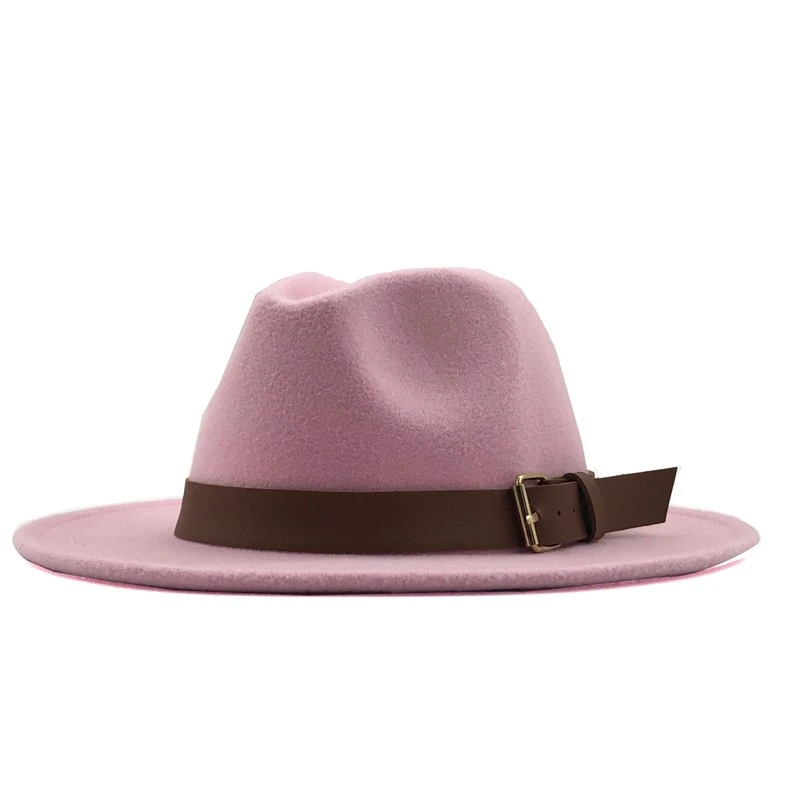 Pink Новая женская и Мужская шерстяная шляпа Fedora с кожаная лента джентльмен элегантный Леди Зима Осень широкий джазования с полями церкви Панама сомбреро - Цвет: Pink