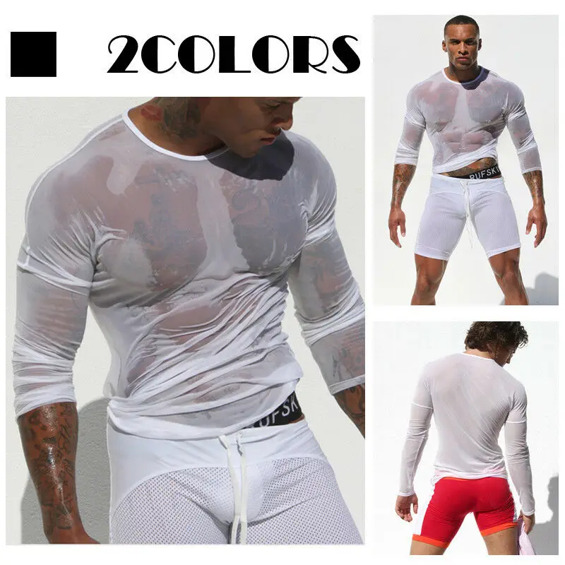 Hirigin Mens Undershirt Gay clothing Nylon Mesh Shirt See Through Sheer Long Sleeves T Shirts Sexy transparent shirt Underwear 6