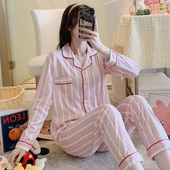 

Pajamas Ladies Summer Long-sleeved Cotton Thin Two-piece Suit Cute Home Service Women Pajamas Set Plus Size Short Sleeve Pijama