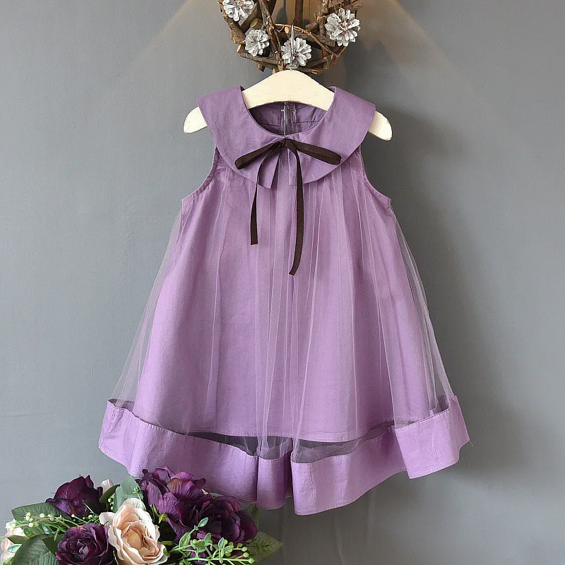 Летнее модное платье без рукавов с отложным воротником в Корейском стиле для девочек детское однотонное Сетчатое платье принцессы с бантом