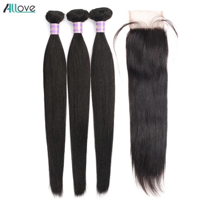 Feixes de Cabelo Malaio com Fechamento Extensão do Cabelo com Encerramento Allove Reto – Lote 100% Remy Não Humanos Bundles 3 4 Pçs