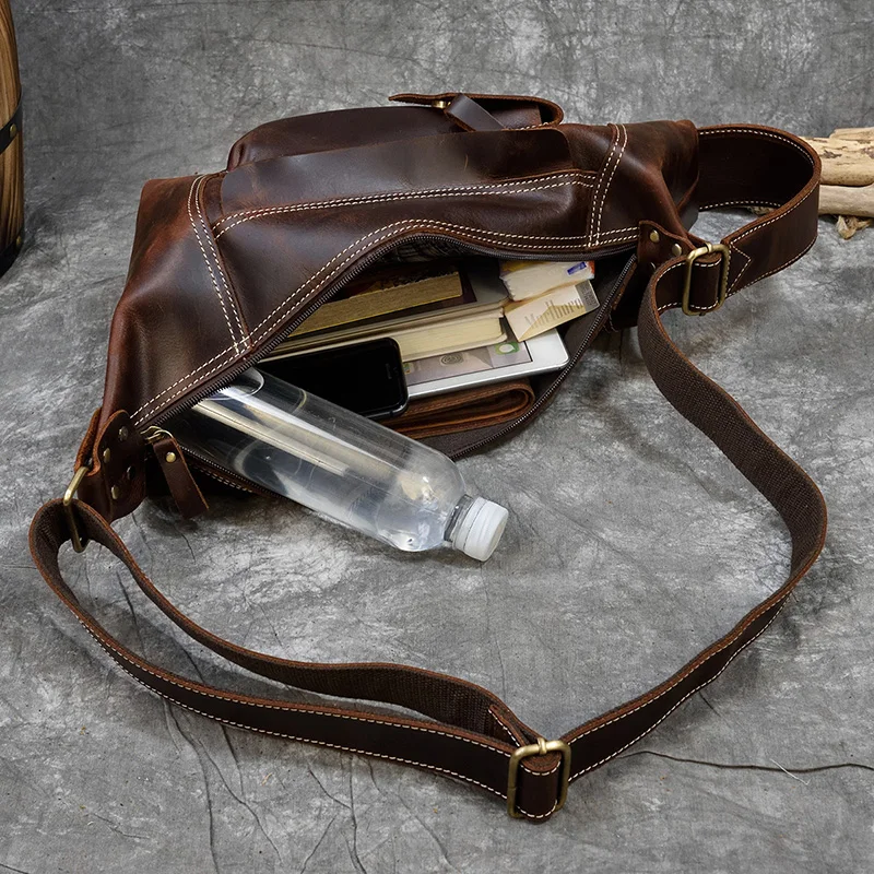 Men's Genuine Leather Backpack Crazy Horse Leather Daypack Travel Bag Male Laptop Bagpack Unique Bagpack Man Chest Bag