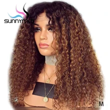 Sunnymay 13x4 вьющиеся парики из натуральных волос с Африканской структурой, предварительно вырезанные с детскими волосами 150% 1b/коричневый эффектом деграде(переход от темного к Синтетические волосы на кружеве парики, несекущиеся бразильские вьющиеся волосы Remy