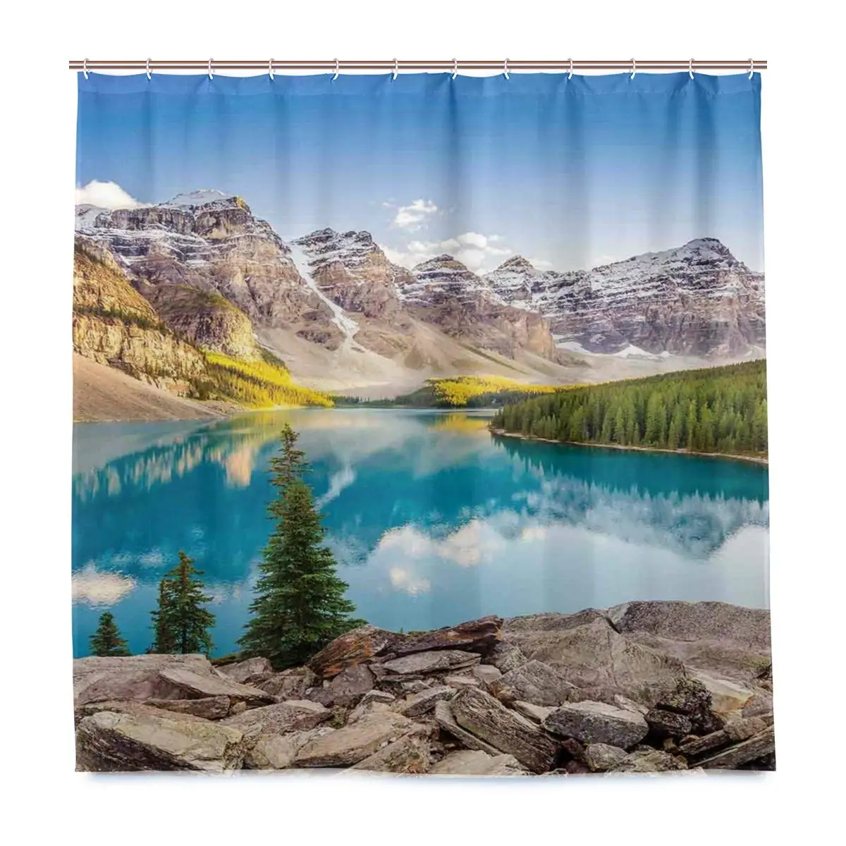 Shower Curtain, Idyllic View of Moraine Lake at Sunset Canadian Rocky Mountain Range Picture