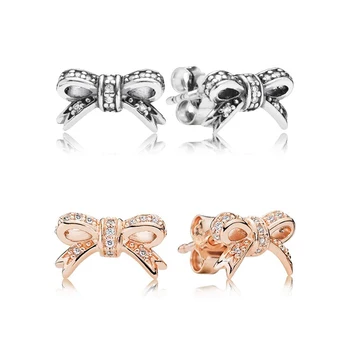 

925 Sterling Silver Rose Bowknot Sparkling Bow Stud Earrings Valentine's Day Wedding Anniversary Gift High Quality Jewellery