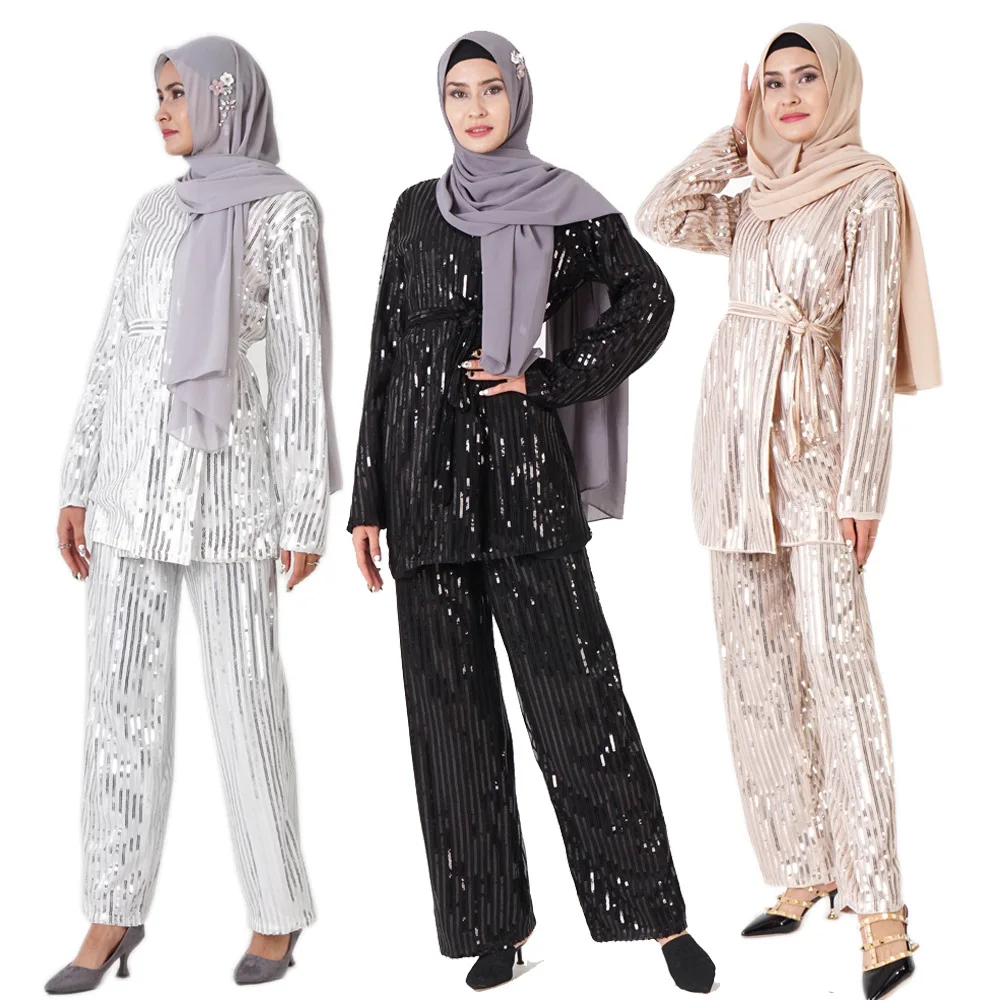 

Dromiya Two Piece Set Women Roupas Sequin Abaya Dubai Muslim Tops Femme 2 Pieces Pantalon Two Piece Set Top And Pants