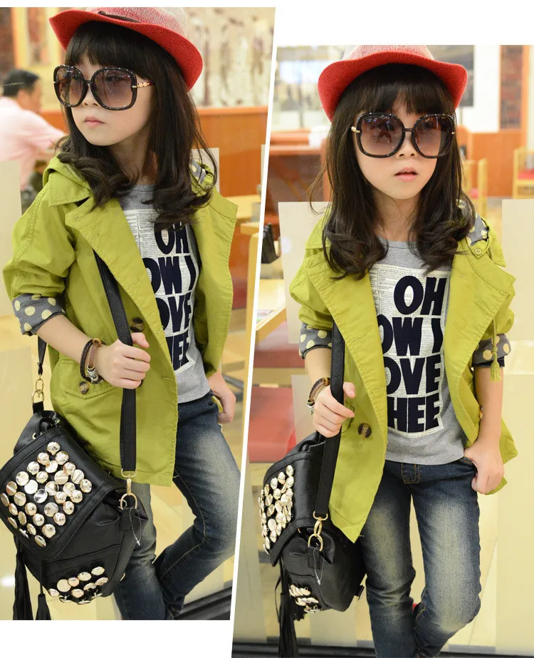

New Style Childrenswear Spring And Autumn Middle And Large Girls' Wind Coat Children Mid-length Polka Dot Double Breasted Englan