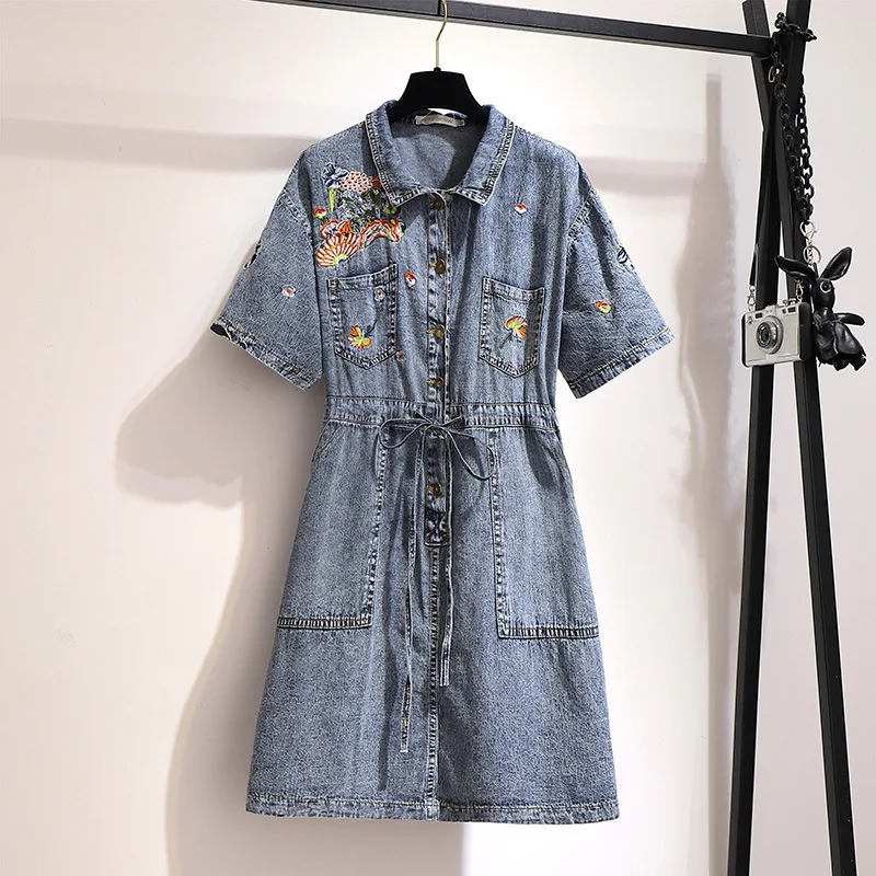 

Plus Size Women Oversize Denim Dress High Quality Summer Embroidery Floral Turn Down Collar Dress Casual Cowboy Vestidos 2xl-6xl