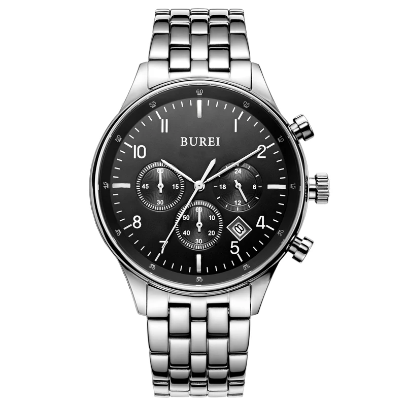 

BUREI 7006 Switzerland watches men luxury brand Men's Date Multifunction Chronograph Stainless Steel Black Dial Watch