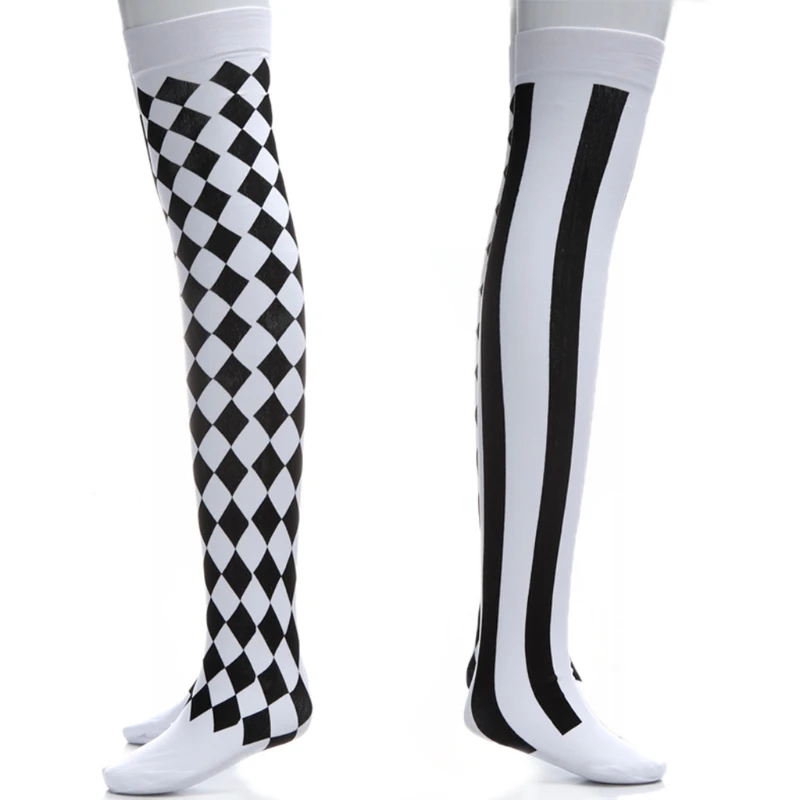 Clown Costume Black White Plaid Knee-High Long Socks Halloween Carnival Party