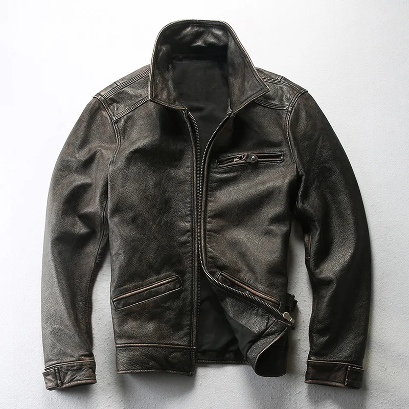 

2020 New Spring Autumn Motorcycle Genuine Leather Jacket Large Size Jaqueta Couro Masculino Coat Bomber Cowhide Leather Jacket