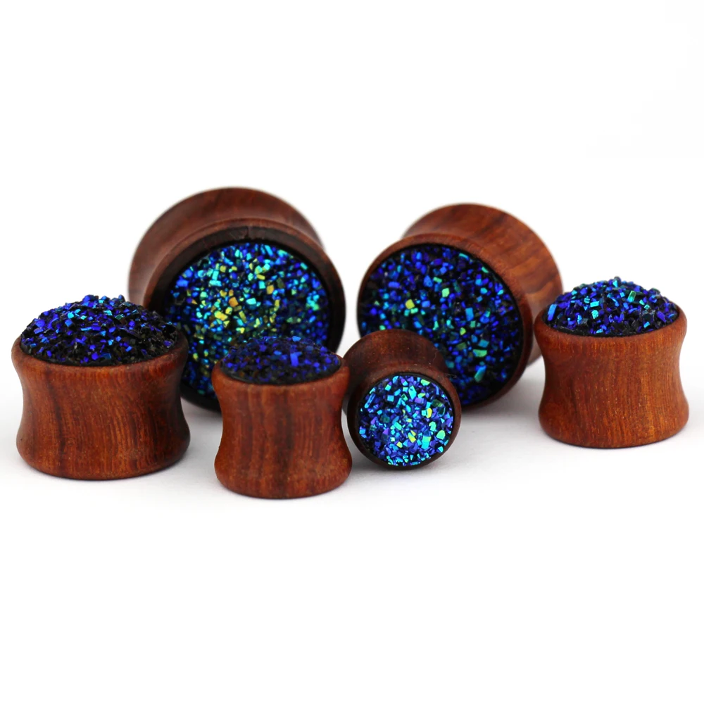 

10-20MM Blue Crystal Cluster And Natural Wood Ear Gauges Plugs Earring Expander Flesh Tunnels Body Piercing Jewelry