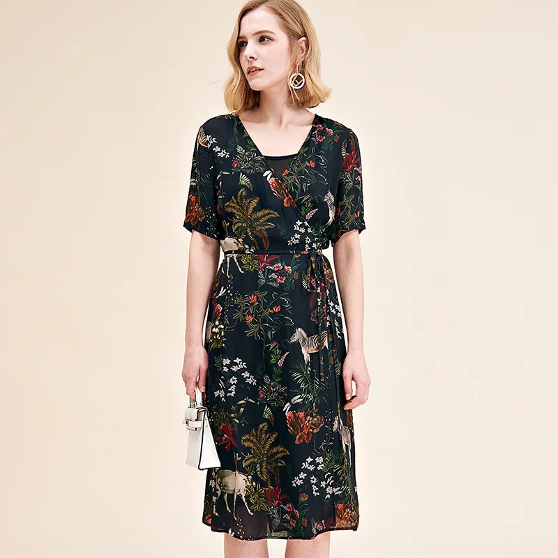 

black green floral silk dresses women 2020 summer long casual office work beach boho party dress plus size fashion slim dropship